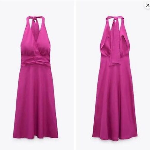 Zara Fushia Purple Linen Blend Halter Maxi Summer Party Wedding Dress - Picture 2 of 16